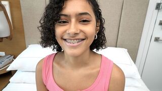 4’ 11”  Puerto Rican with PERFECT TITS and braces sucks cock